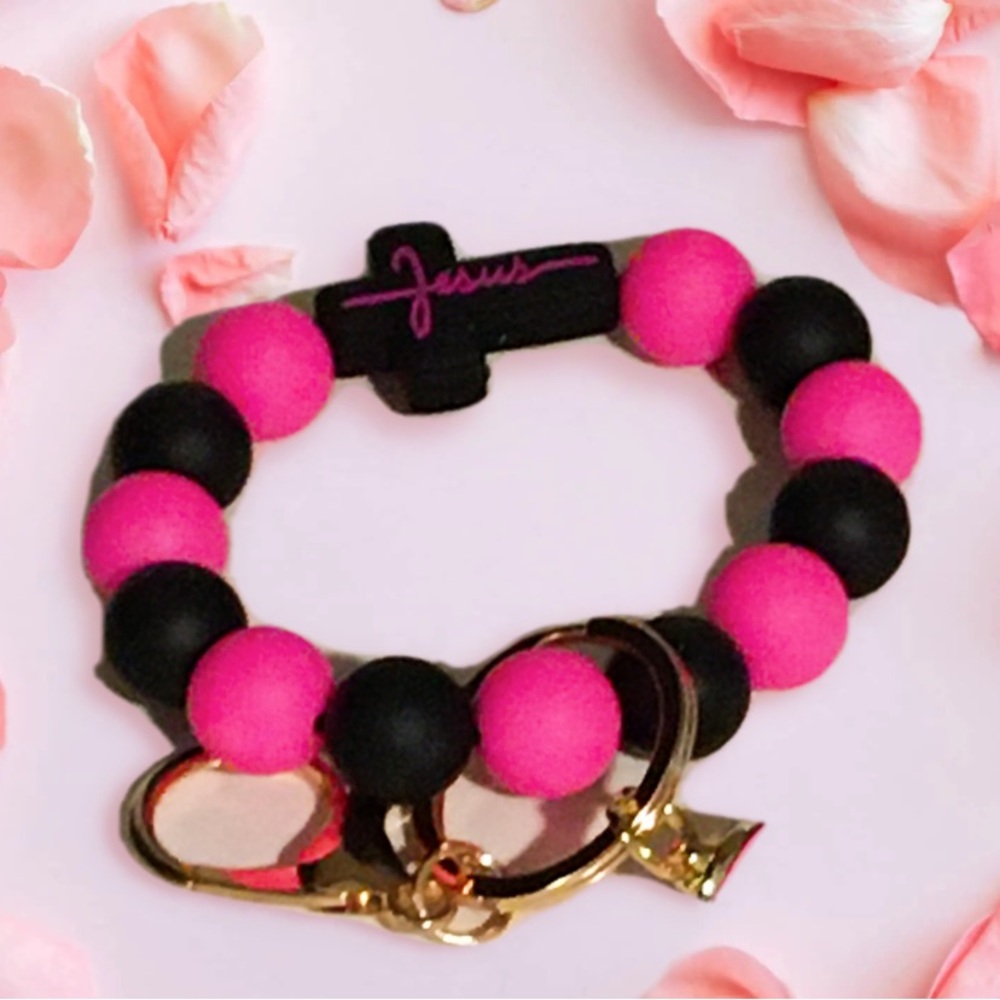 Pink and Black Beaded Bracelet with Cross Charm Tassle religious